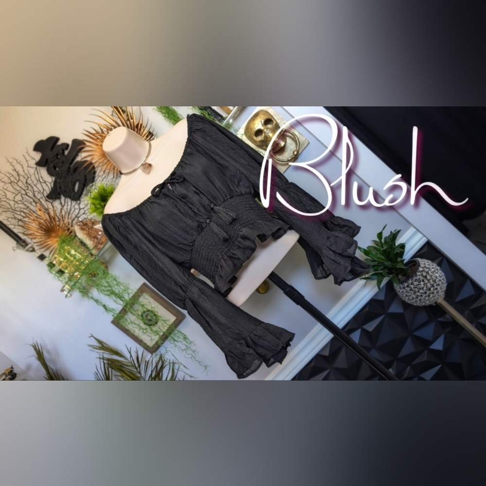 Blush Black Boho Ruffle Peplum Sleeve Crop Top LG